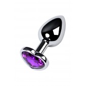 Серебристая коническая анальная пробка с фиолетовым кристаллом-сердечком - 7 см. - ToyFa - купить с доставкой в Тольятти