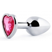 Серебристая анальная пробка с малиновым кристаллом-сердечком - 7 см. - Anal Jewelry Plug - купить с доставкой в Тольятти