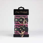 Черные кожаные наручники с розовой строчкой - Crazy Handmade - купить с доставкой в Тольятти