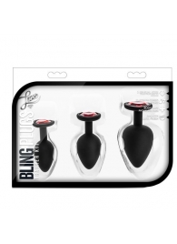 Набор черных анальных пробок с красным кристаллом-сердечком Bling Plugs Training Kit - Blush Novelties - купить с доставкой в Тольятти