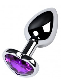 Серебристая коническая анальная пробка с фиолетовым кристаллом-сердечком - 7 см. - ToyFa - купить с доставкой в Тольятти