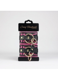 Черные кожаные наручники с розовой строчкой - Crazy Handmade - купить с доставкой в Тольятти
