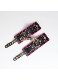 Черные кожаные наручники с розовой строчкой - Crazy Handmade - купить с доставкой в Тольятти