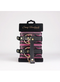 Черные кожаные оковы с розовой строчкой - Crazy Handmade - купить с доставкой в Тольятти