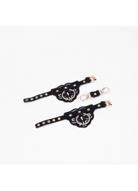 Черные кожаные наручники с клепками, кольцами и золотистой фурнитурой - Crazy Handmade - купить с доставкой в Тольятти