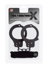 Чёрные наручники из листового металла в комплекте с веревкой BONDX METAL CUFFS LOVE ROPE SET - Dream Toys - купить с доставкой в Тольятти