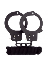 Чёрные наручники из листового металла в комплекте с веревкой BONDX METAL CUFFS LOVE ROPE SET - Dream Toys - купить с доставкой в Тольятти