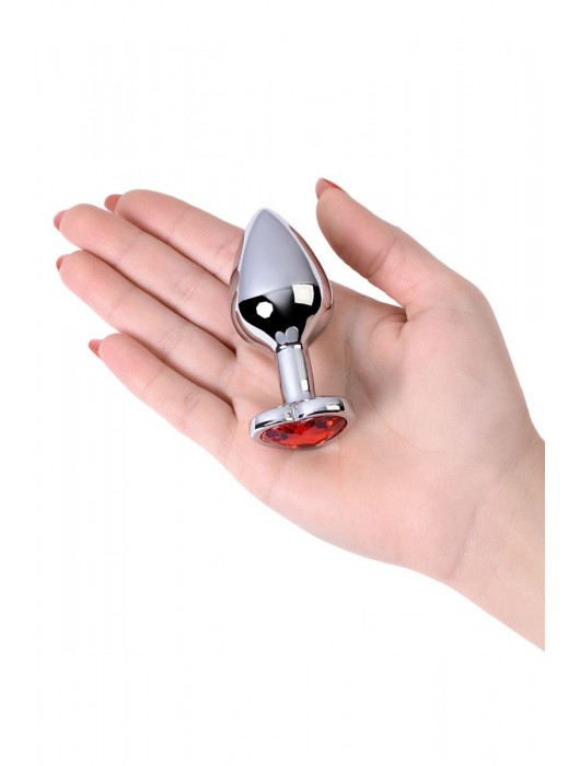 Серебристая коническая анальная пробка с красным кристаллом-сердечком - 7 см. - ToyFa - купить с доставкой в Тольятти