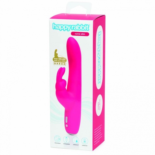 Розовый перезаряжаемый вибратор Rabbit Slimline Curve Rechargeable - 24 см. - Happy Rabbit