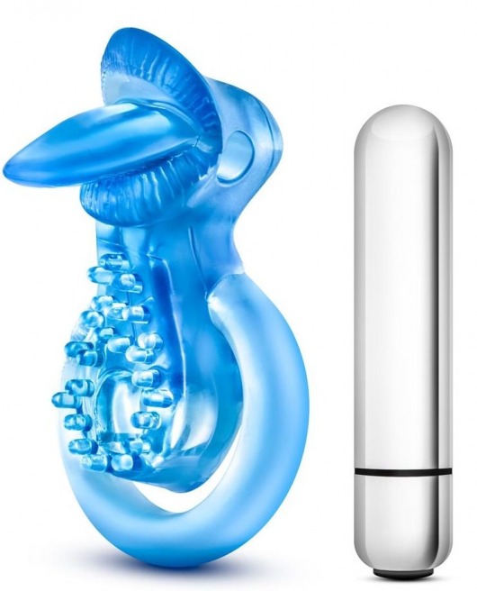 Голубое эрекционное виброкольцо 10 Function Vibrating Tongue Ring - Blush Novelties - в Тольятти купить с доставкой