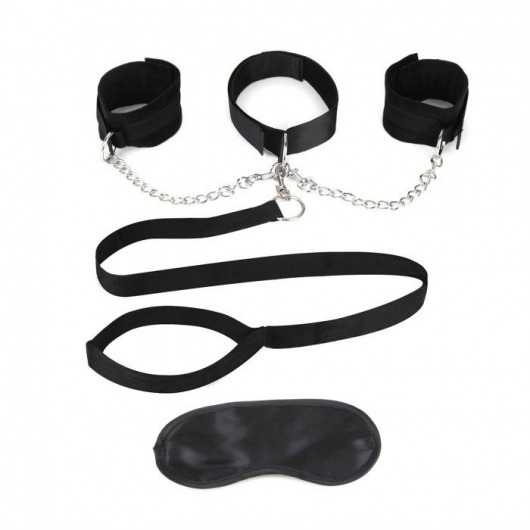 Чёрный ошейник с наручниками и поводком Collar Cuffs   Leash Set - Lux Fetish - купить с доставкой в Тольятти