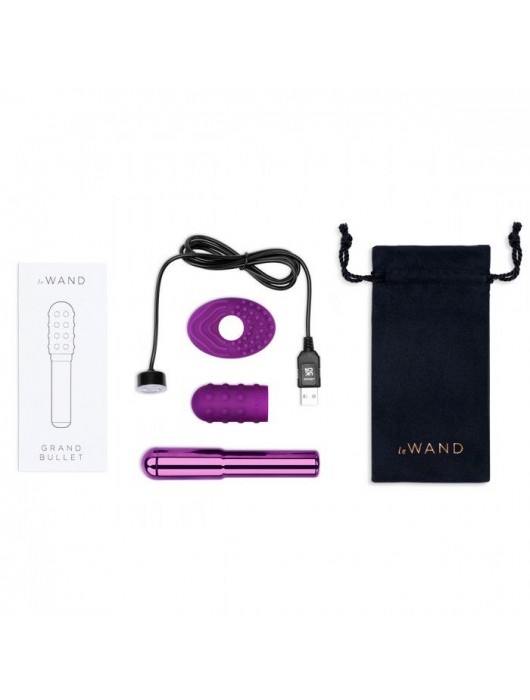 Фиолетовый жезловый вибратор Le Wand Grand Bullet с двумя нежными насадками - Le Wand