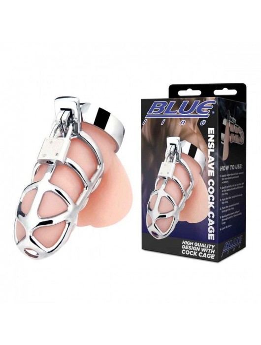 Серебристая металлическая клетка для члена с замком Enslave Cock Cage - BlueLine - купить с доставкой в Тольятти