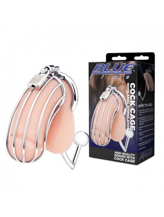Серебристая металлическая клетка с анальным стимулятором Cock Cage - BlueLine - купить с доставкой в Тольятти