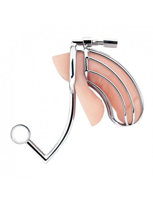 Серебристая металлическая клетка с анальным стимулятором Cock Cage - BlueLine - купить с доставкой в Тольятти