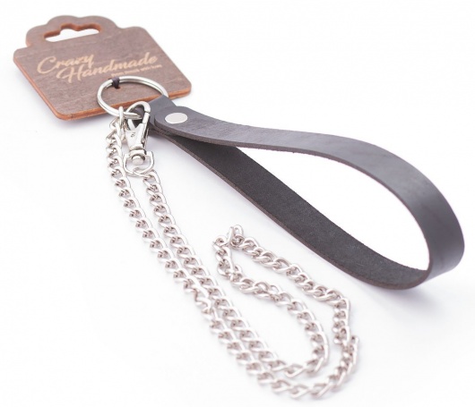 Серебристый металлический поводок с кожаной черной ручкой - 80 см. - Crazy Handmade - купить с доставкой в Тольятти
