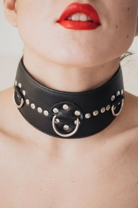 Чёрный кожаный ошейник с полукольцами и клёпками - БДСМ Арсенал - купить с доставкой в Тольятти