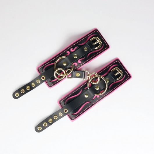 Черные кожаные наручники с розовой строчкой - Crazy Handmade - купить с доставкой в Тольятти