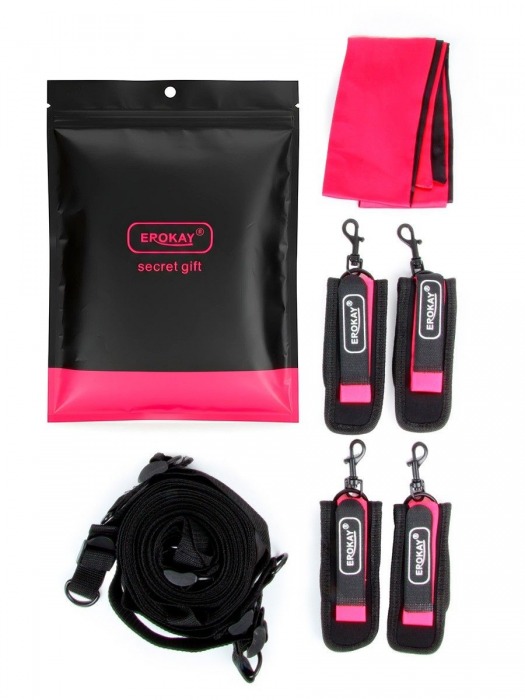 Черно-розовый эротический набор: фиксатор, оковы, наручники, повязка - Erokay - купить с доставкой в Тольятти