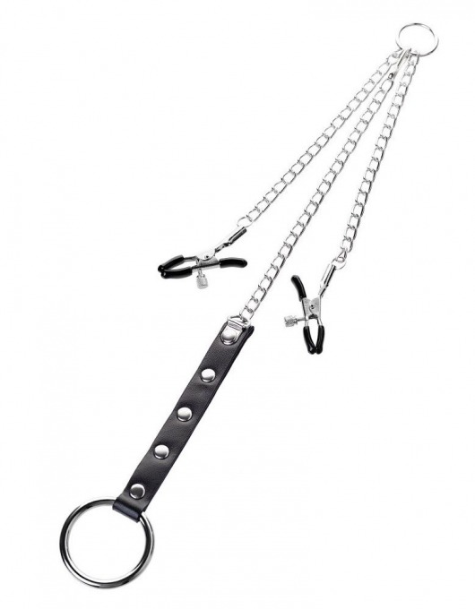 Серебристо-чёрные зажимы для сосков с кольцом для пениса TOYFA Metal - ToyFa - купить с доставкой в Тольятти